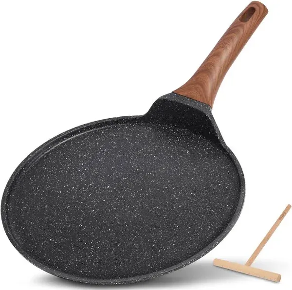 ESLITE LIFE 9.5 Inch Crepe Pan with Spreader, Nonstick Ceramic Flat Skillet Dosa Tawa Comales Para Tortillas Pancake Pan, PTFE & PFOA Free, Black