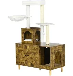 PawHut 54.25" Wooden Cat Tree with Litter Box Enclosure Cushioned Cat Condo & Plush Platforms with Hammock