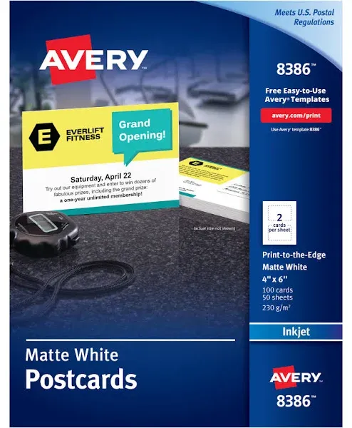 Avery Postcards Inkjet 4 x 6 2 Cards/sheet White 100 Cards/Box