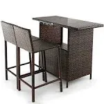 3 PCS Cozy Wicker Outdoor Bar Set Rattan 2 Chairs &amp; Table W/3 Storage Rows Racks