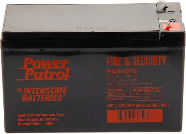 Interstate Batteries 12V 7Ah Fire & Security Battery (F1 Terminal) SLA AGM VRLA Power Patrol Rechargeable Replacement for Fire Alarms, Security Systems, General (FAS1075)