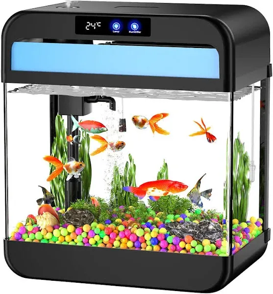 Fish Tank Aquarium 2.2 Gallon with Humidifier 7 Color Looping Light with Timer Self-Cleaning 3 in 1 Water Pump with Filteration & Oxygenation & Circulation, Temperature Display, HD Heat Bending Glass