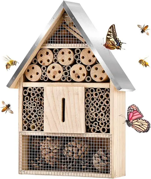 Wooden Insect Butterfly House Hotel,Mason Bee House,an Outdoor Hanging Bamboo Habitat for Bee Butterfly Ladybugs Live,Bee Box,Butterfly Habitat for Garden,11.8 x 10.6 x 3.1 Inch