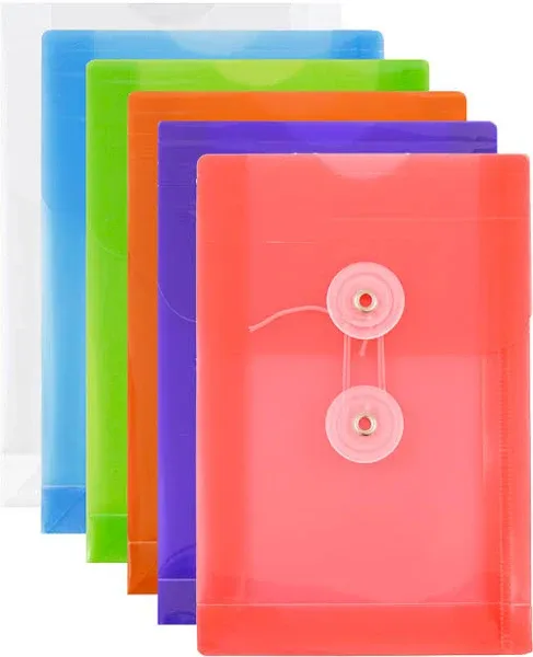 JAM PAPER Plastic Envelopes with Button & String Tie Closure - 4 1/4 x 6 1/4 - Assorted Colors - 6/Pack