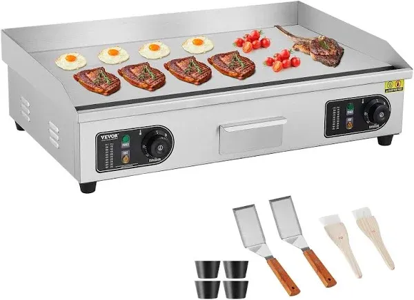 VEVOR Commercial Electric Griddle, 2800W Countertop Flat Top Grill, 122℉-572 ℉ Adjustable Temp, 28.74 x 15.75 x 0.39in Stainless Steel Griddle Grill with 2 Shovels and 2 Brushes for Home or Restaurant