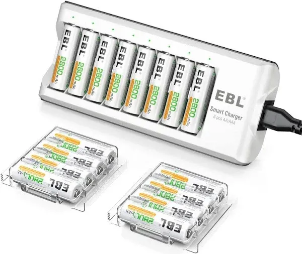 16-Piece Rechargeable Double A Batteries w/ Fast Charging 8 Slot Battery Charger