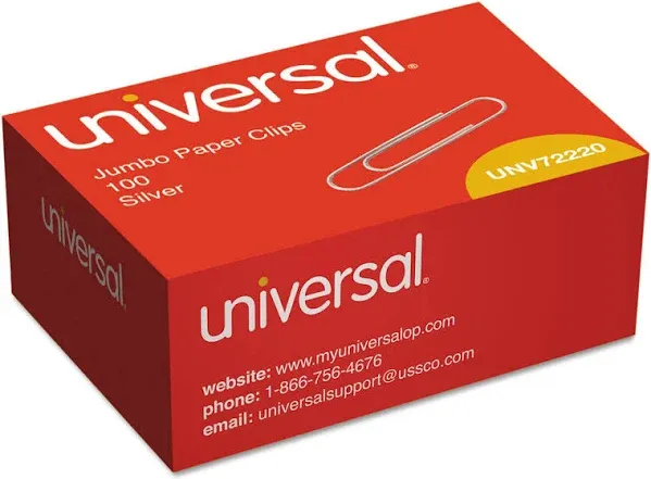 Universal Paper Clips, Jumbo, Silver, 100-box