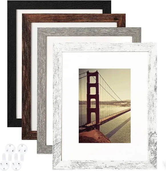 BAIJIALI 8x10 Picture Frame Distressed Farmhouse Wood Pattern Set of 4 with Tempered Glass,Display 5x7 with Mat or 8x10 Without Mat,Multicolour