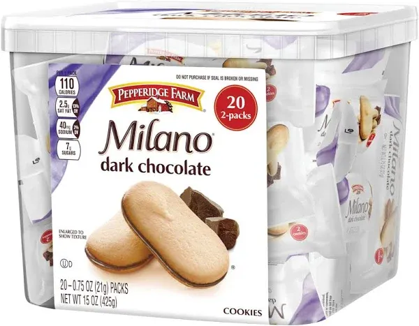 Pepperidge Farm Milano Cookies, Dark Chocolate, 20 Packs Tub, 2 Cookies Per Pack