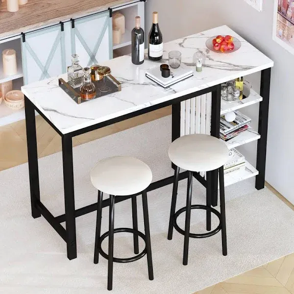 AWQM Home Bar Table Set of 2, 47" White Faux Marble Dining Set with Storage Shelves and Upholstered Leather Bar Height Stools, 3-Piece Kitchen Table for 2 People, Space Saving Table (White & Black)