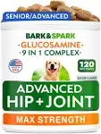 Bark&Spark Senior Advanced Glucosamine Chondroitin for Dogs - Hip Joint Pain Relief Pills - Old Dog Joint Supplement Large & Small Breed - Hip Joint Chews Joint Health Care Vitamin Treats - 120Ct