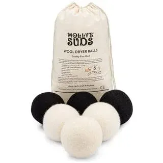 Molly's Suds Wool Dryer Balls | XL, Premium Organic Fabric Softener, Hypoallergenic, Hand-Felted, Reusable, Reduce Drying Time | Black, Set of 6