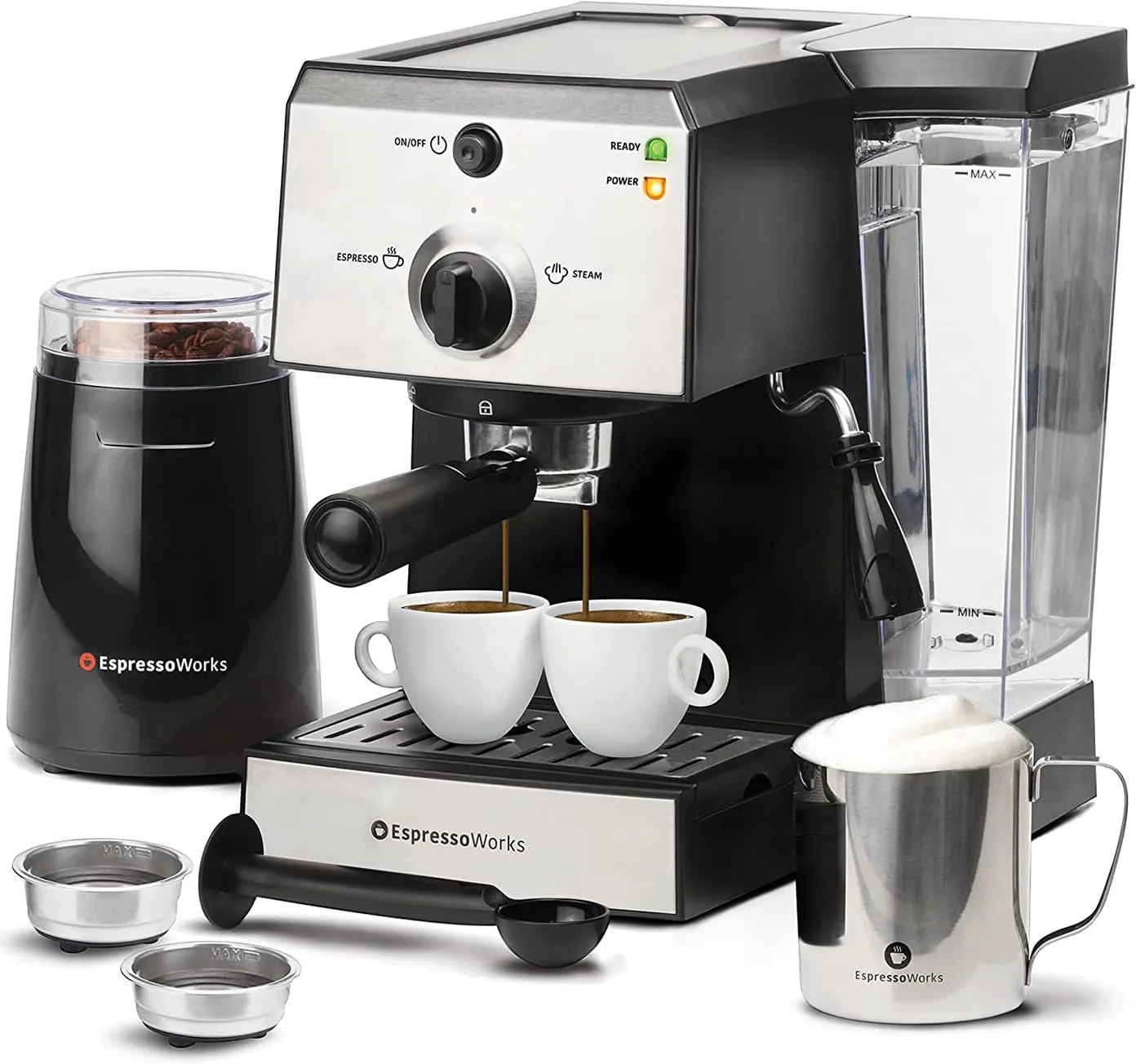 EspressoWorks AEW1000 1250W 2 Cups All-in-One Espresso Machine Set -...