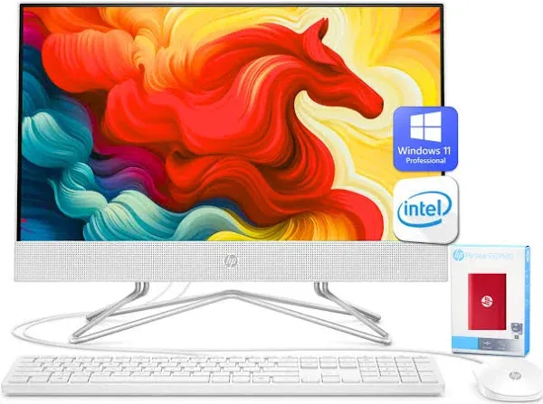 HP Newest All-in-One Desktop - 21.5" FHD Display, Intel Processors with UHD Graphics, 32GB RAM, 512GB SSD + 500 GB P500 External SSD, Webcam, RJ-45, Windows 11 Pro, Wired Keyboard & Mouse, White