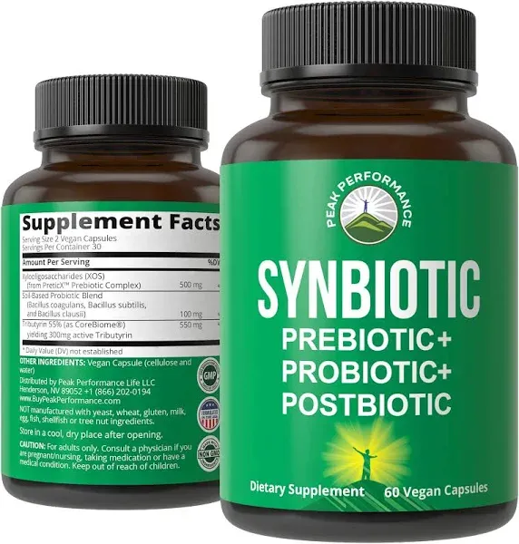 Synbiotic = Prebiotic + Probiotic + Postbiotic 3-in-1 Supplement with Clinically Tested Ingredients. Pre And Probiotics Plus Important Tributyrin Postbiotics For Gut. Vegan Capsules For Women + Men