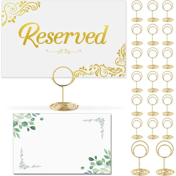 KAnduo 20 Pieces Double sided gold foil reserved card with bracket- Includes Free Green Leaf Blank Cards - Reserved Signs for Wedding, Chair and Table Signs, Reserved Seating Signs, White