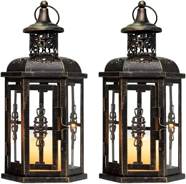 JHY Design Set of 2 Decorative Lanterns -10 inch High Vintage 2-Black