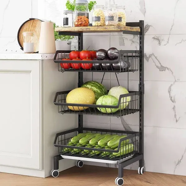 Black Kitchen 4-Tier Rolling Storage Cart Organizer Fruit Vegetable Wire Basket