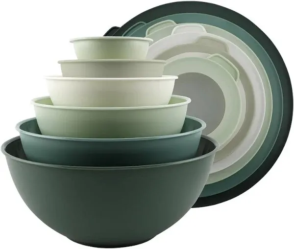  Mixing Bowls with TPR Lids - 12 Piece Plastic Nesting Bowls Set Sage TPR Lids