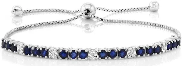 Gem Stone King 925 Sterling Silver Blue Sapphire and White Diamond Tennis Bracelet Jewelry for Women (2.05 Cttw, Gemstone Birthstone, Fully Adjustable Up to 9 Inch)