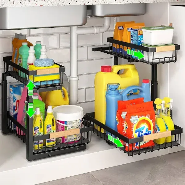 Under Sink Organizers and Storage 2 Pack, 2 Tier Sliding under Sink Organizer wi