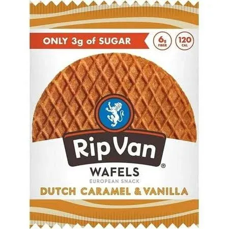 Rip Van Wafels Gluten-Free Dutch Caramel & Vanilla Stroopwafels, Healthy Snacks, Non-GMO, Low Sugar (6g), Low Calorie, 12 Count