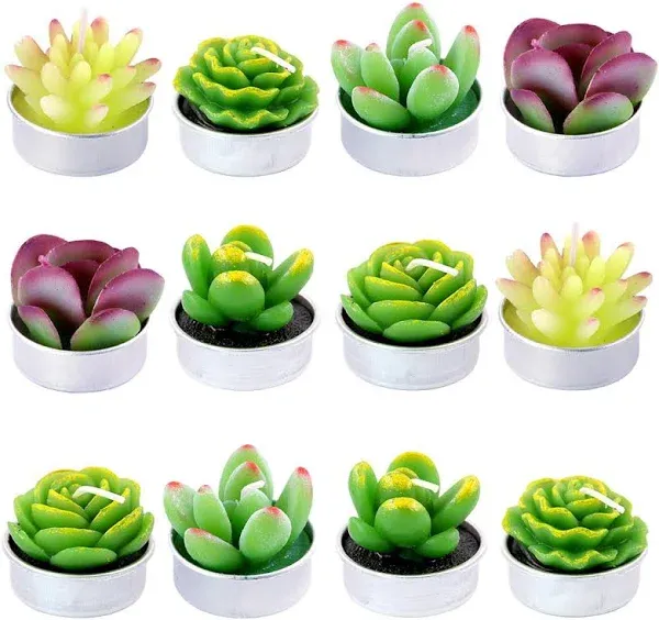 Swpeet 12Pcs Decorative Succulent Cactus Tealight Candles Kit, Cute Smokeless Succulent Plants Perfect for Candles Festival Wedding Props and House-Warming Party