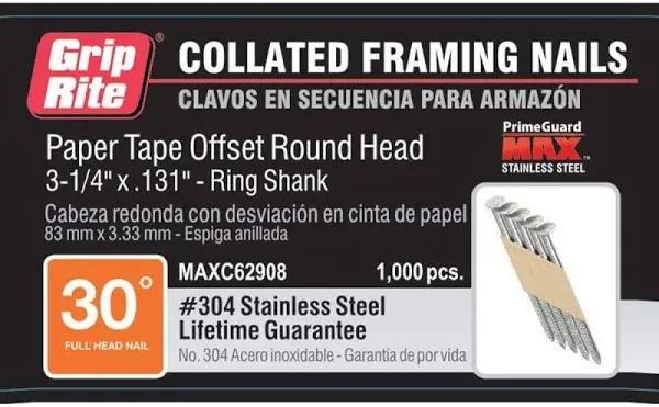 Grip Rite MAXC62908 33Deg Paper Tape 3-1/4&#034;x.131&#034; OffSet Rnd Hd,SS Nails,1K/Box