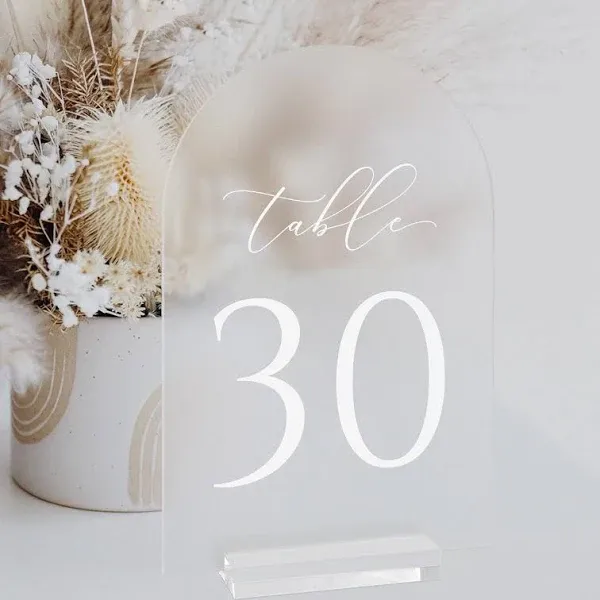 Frosted Arch Table Numbers for Wedding, 5x7 Inch Arched Acrylic Table Numbers 1-30 with Acrylic Stand for Centerpiece, Wedding, Party, Event (Frosted 5"x7" Table Number 1-30)