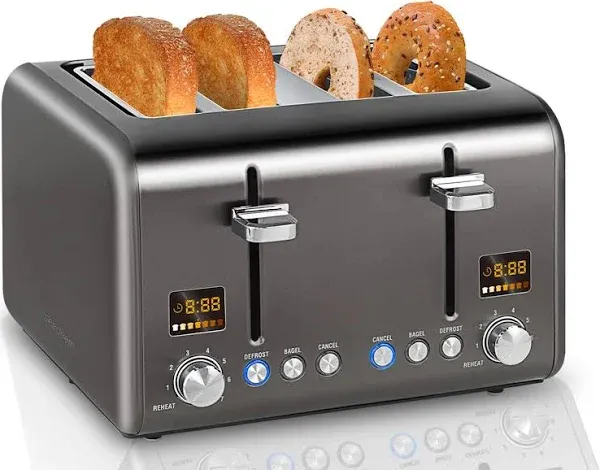 SEEDEEM 4 Slice Toaster, Stainless Bread Toaster Color LCD Display, 7 Bread Shade Settings, 1.5'' Wide Slots Toaster with Bagel/Defrost/Reheat Functions, Removable Crumb Tray, Silver Metallic, 1800W