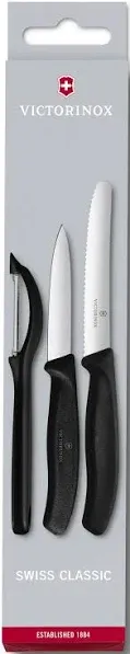 Victorinox Swiss Classic Paring Knife Set with Peeler - Includes a Straight Edge Paring Knife, Serrated Paring Knife & Fruit & Vegetable Peeler - Black Handle, 3-Piece Set