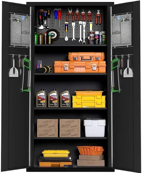 Superday 6-Tier Garage Storage Cabinet with Pegboard, 71" Metal Multifunctional Storage Cabinet with Doors and Shelves, Locking Cabinet with Adjustable Shelf for Warehouse, Basement