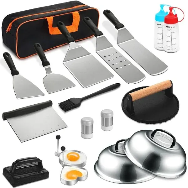 Griddle Accessories Kit, 19 Pcs Flat Top Grill Accessories Set for Blackstone and Camp Chef, Griddle Tools Set with Basting Cover, Spatula, Scraper, Bottle, Tongs, Egg Ring for Outdoor BBQ and Camping