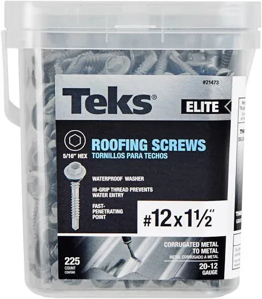 teks 12 x 1-1/2" Hex Drive Hex Washer Head Roofing Screws