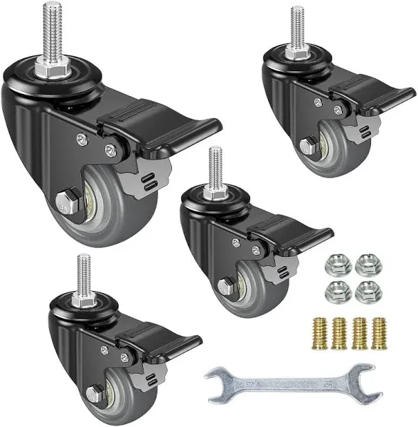 2 Inch Swivel Caster Wheels Set of 4, Metric M8-1.25 Threaded stem(Bolt Diameter 8mm, Length:1″) Durable Soft Rubber casters with Double Lock Mechanism, castors for Carpet Hardwood Floor.