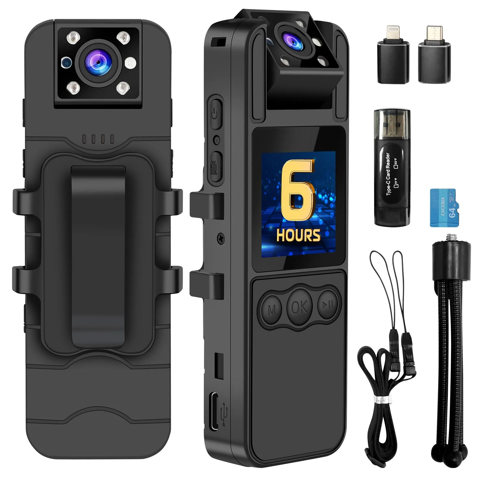 Sixmou Body Camera with Audio and Video Recording HD 1296P Body Cam with 180° Rotating Lens