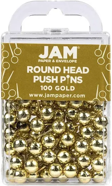 JAM PAPER Colorful Push Pins - Round Head Map Thumb Tacks - Gold Pushpins - 100/Pack