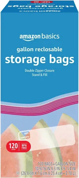 Amazon Basics Reclosable Gallon Food Storage Bags, Stand &amp;Fill Base, 120 Count