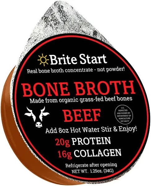 Brite Start Bone Broth - Beef Bone Broth - 30 Count - Keto Friendly Concentrate Packed with 16g Collagen, 20g Paleo Protein -Made from Organic Grass Fed Beef Bones- Single Serve Packets