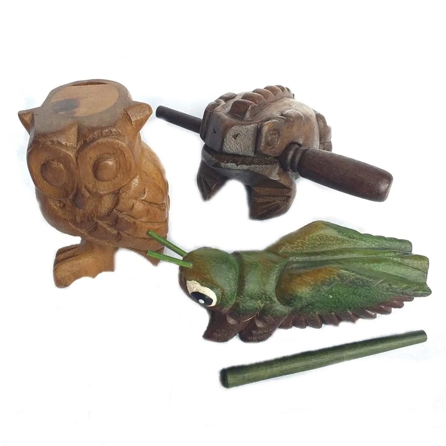 Wooden Percussion Frog, Cricket and Owl Set 3 Musical Instrument Products Fro...