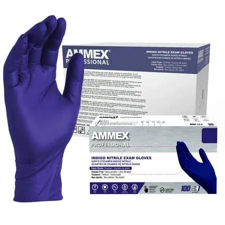 AMMEX Indigo Nitrile Exam Gloves, 3 Mil, Latex Free, Powder Free, Textured, Disposable, Non-Sterile, Food Safe