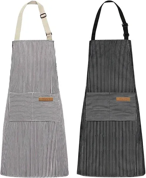 NLUS 2 Pack Kitchen Cooking Aprons, Adjustable Bib Soft Chef Apron with 2 Pockets for Men Women (Black/Brown Stripes)