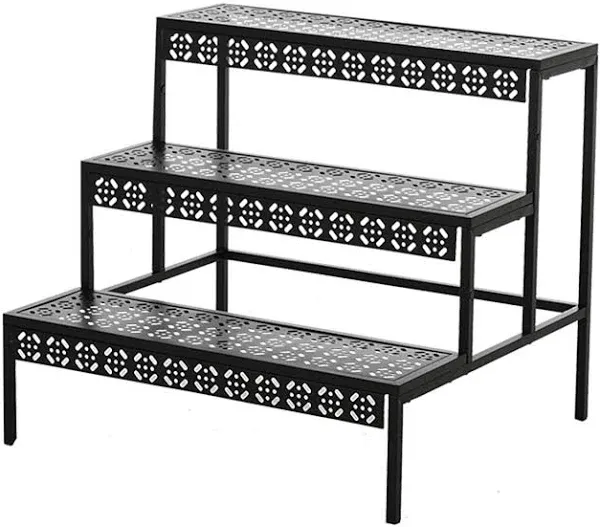 Qusimi 3 Tier Metal Plant Stand,Rectangle or Round Decorative Flower Step,Garden Shelf Flower Pot Holder Storage Organizer Rack for Indoor Outdoor