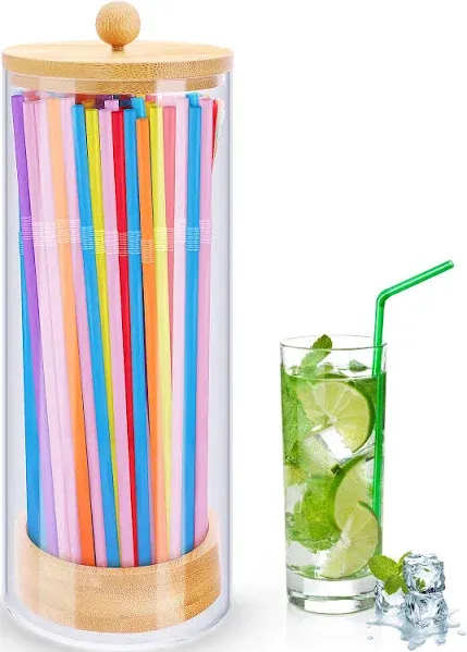 JYPS Acrylic Straw Holder Dispenser for Counter with 100 Colorful Straws - Drinking Straw Dispenser with Bamboo Lid for Standard Straws, Straw Organizer for Kitchen