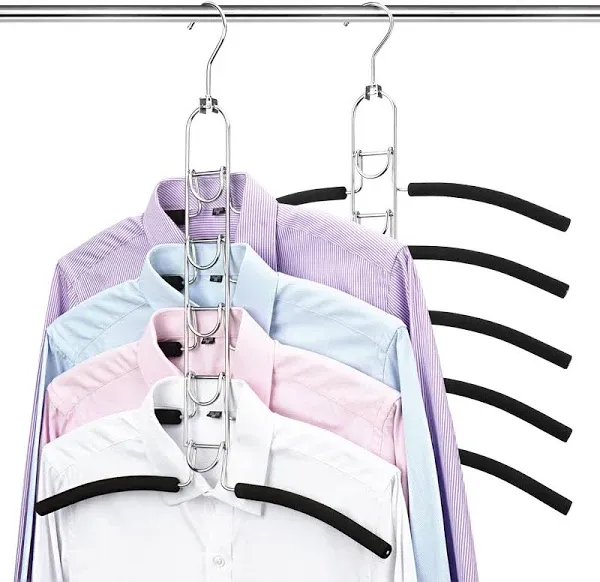 Space Saving Clothes Hangers, Multilayer Metal Hanger 2 Pack 5 in 1 Space Saver Coat Hangers, Anti-Slip Foam Padded Shirt Suit Hanger for Closet Storage Organizer