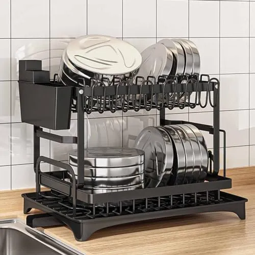 Also Go Dish Drying Rack for Kitchen Counter with Drainboard, Detachable Stainless Steel 2 Tier Large Dish Racks Drainer Sink Organizer with Utensils Holder