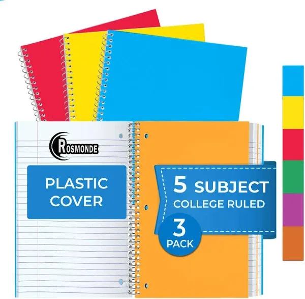 5 Subject Spiral Notebook, 3 Pack, College Ruled, Water Resistant Cover, Thick 300 Pages/Book (150 Sheets), 8 x 10-1/2, 3 Hole, Colored Dividers, Assorted Colors, Bulk School & Office