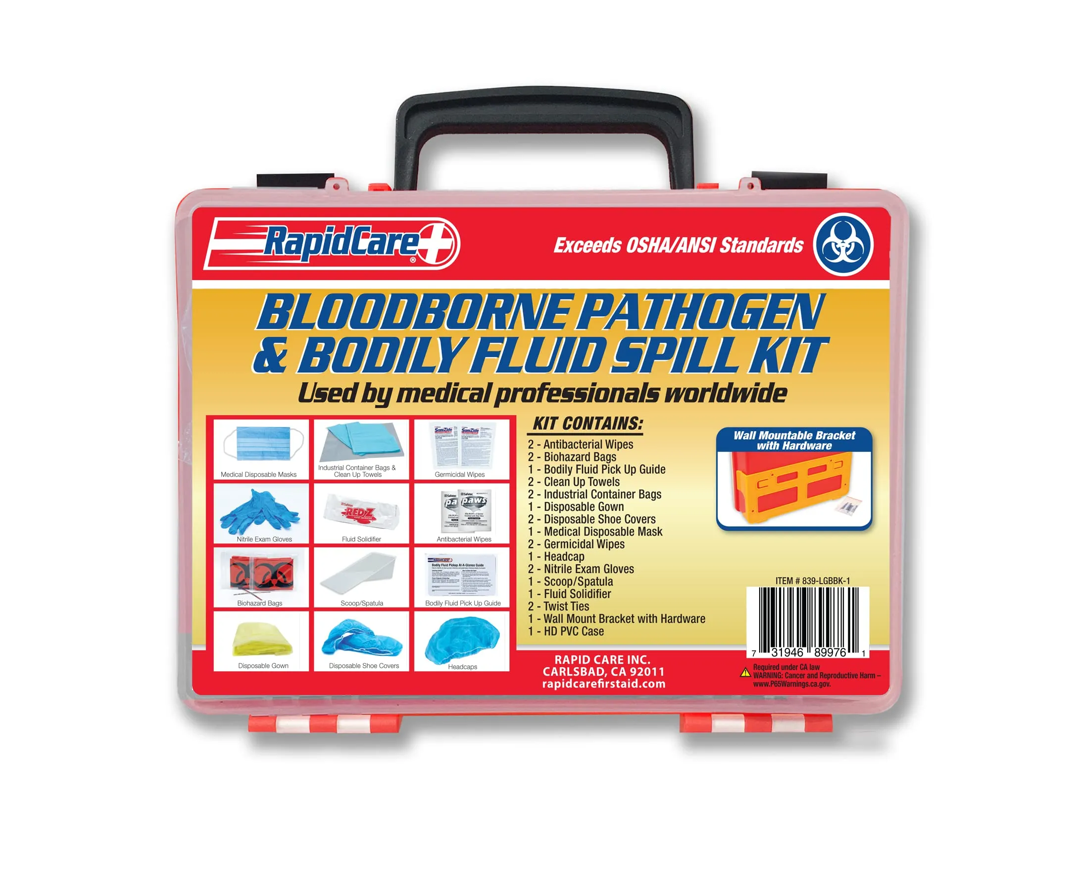 Rapid Care First Aid 839-DBBBK-1 Commercial Bloodborne Pathogen & Bodily Fluid Spill Clean Up Kit with 2X Content, OSHA Compliant, Wall Mountable, 10" x 8" x 3.5", Red/Clear