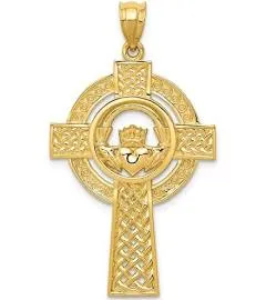 14k Yellow Gold Solid Polished Flat back Textured back Not engraveable Mens Celtic Claddagh Religious Faith Cross Pendan