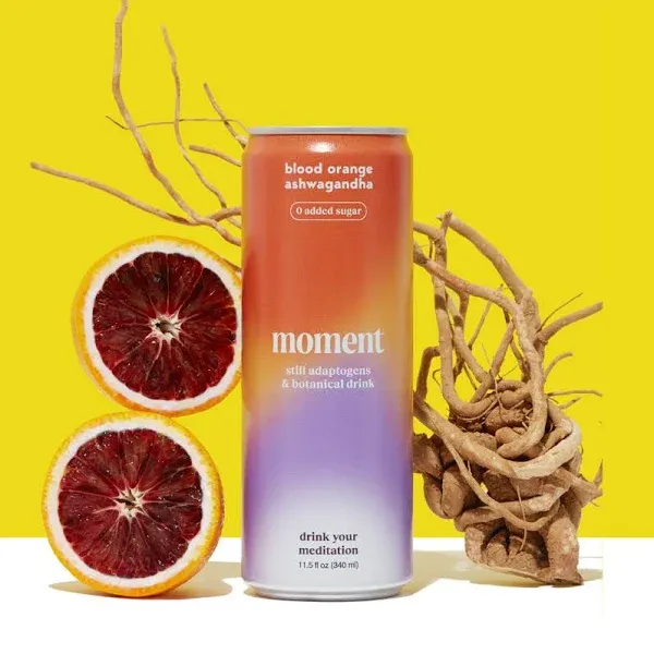 Moment Adaptogen Drink (Shark Tank) - NON-CARBONATED Blood Orange Ashwagandha | L-Theanine & Ashwagandha for Calm & Clarity | 0 Added Sugar, 0 Caffeine, 0 Alcohol | 12-pack